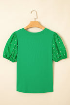 Women's Pearl Beaded Puff-Sleeve Knit Top – Light Pink