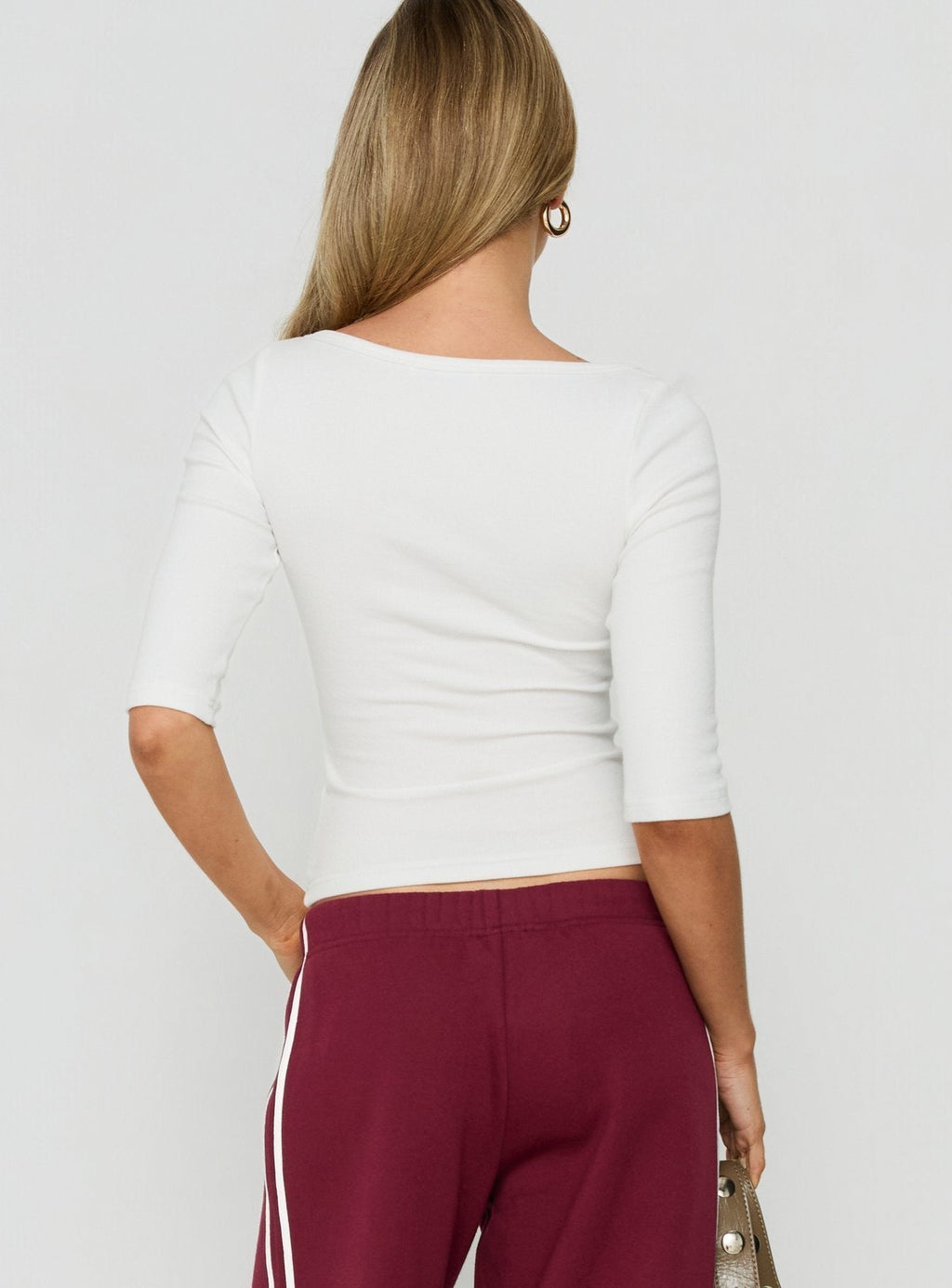 Ribbed V-Neck 3/4-Sleeve Top – White