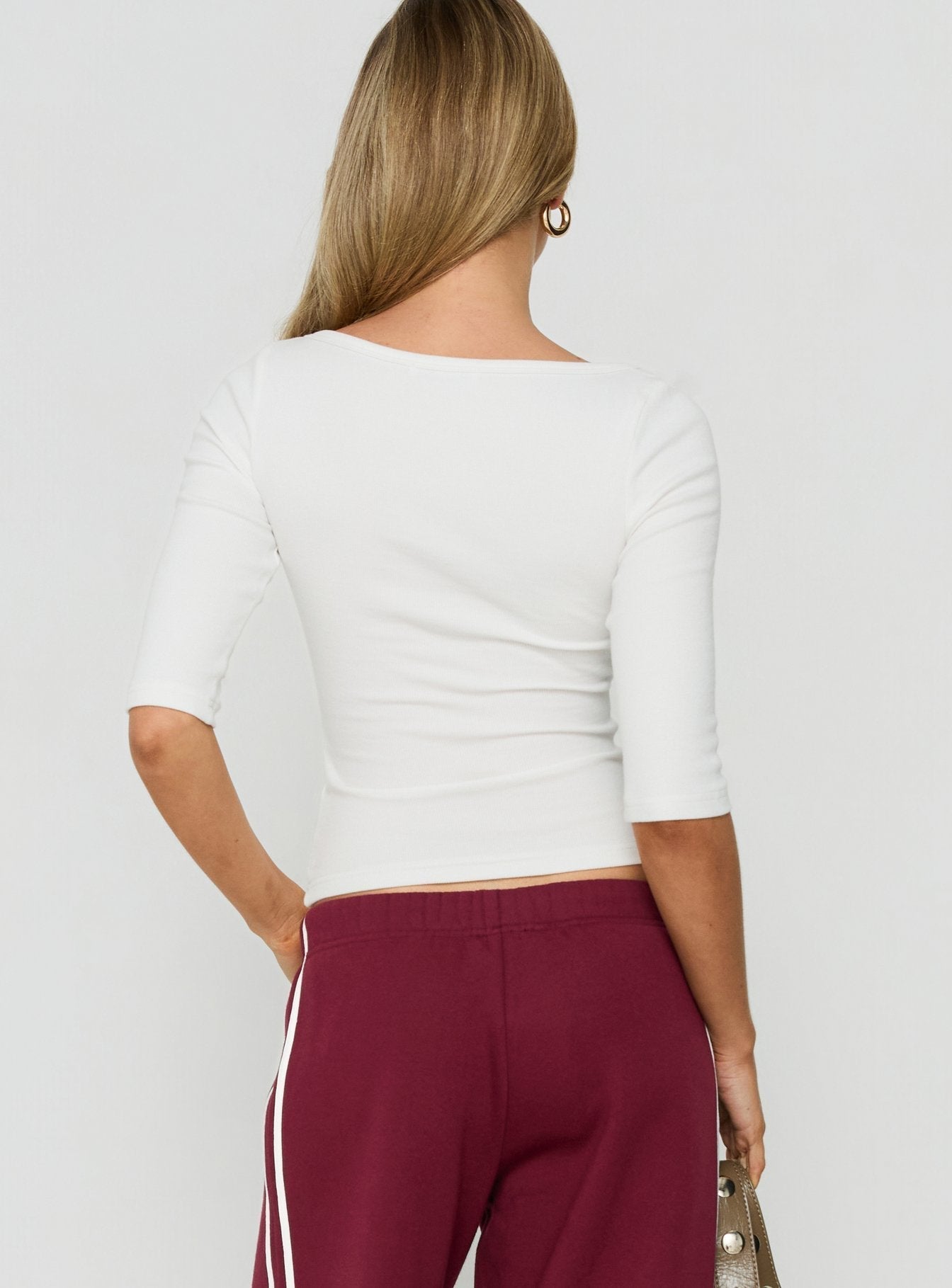Ribbed V-Neck 3/4-Sleeve Top – White