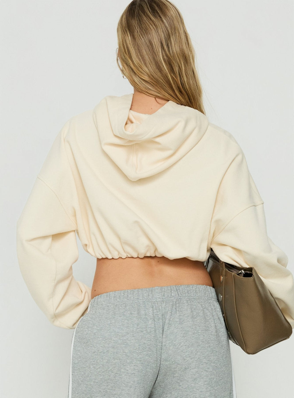 Bubble-Hem Cropped Hoodie – Beige