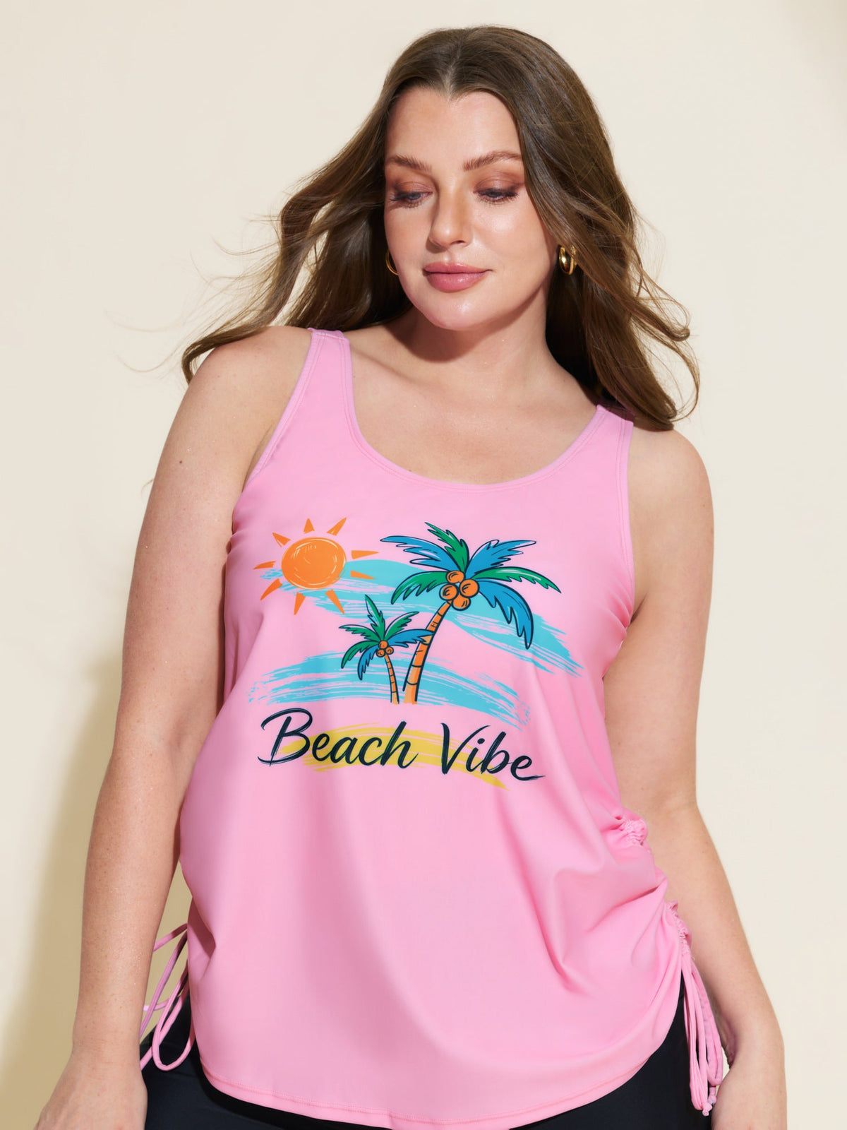 Plus Size Tropical Drawstring Swim Top