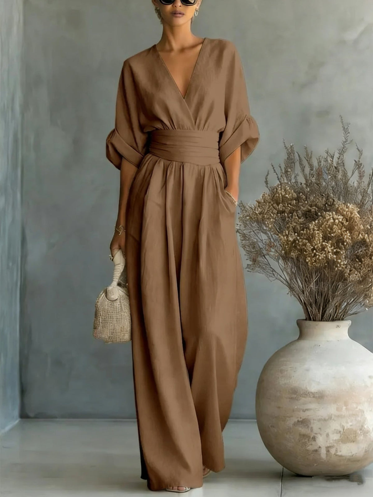 Women's V-Neck Wide-Leg Jumpsuit – Yellow