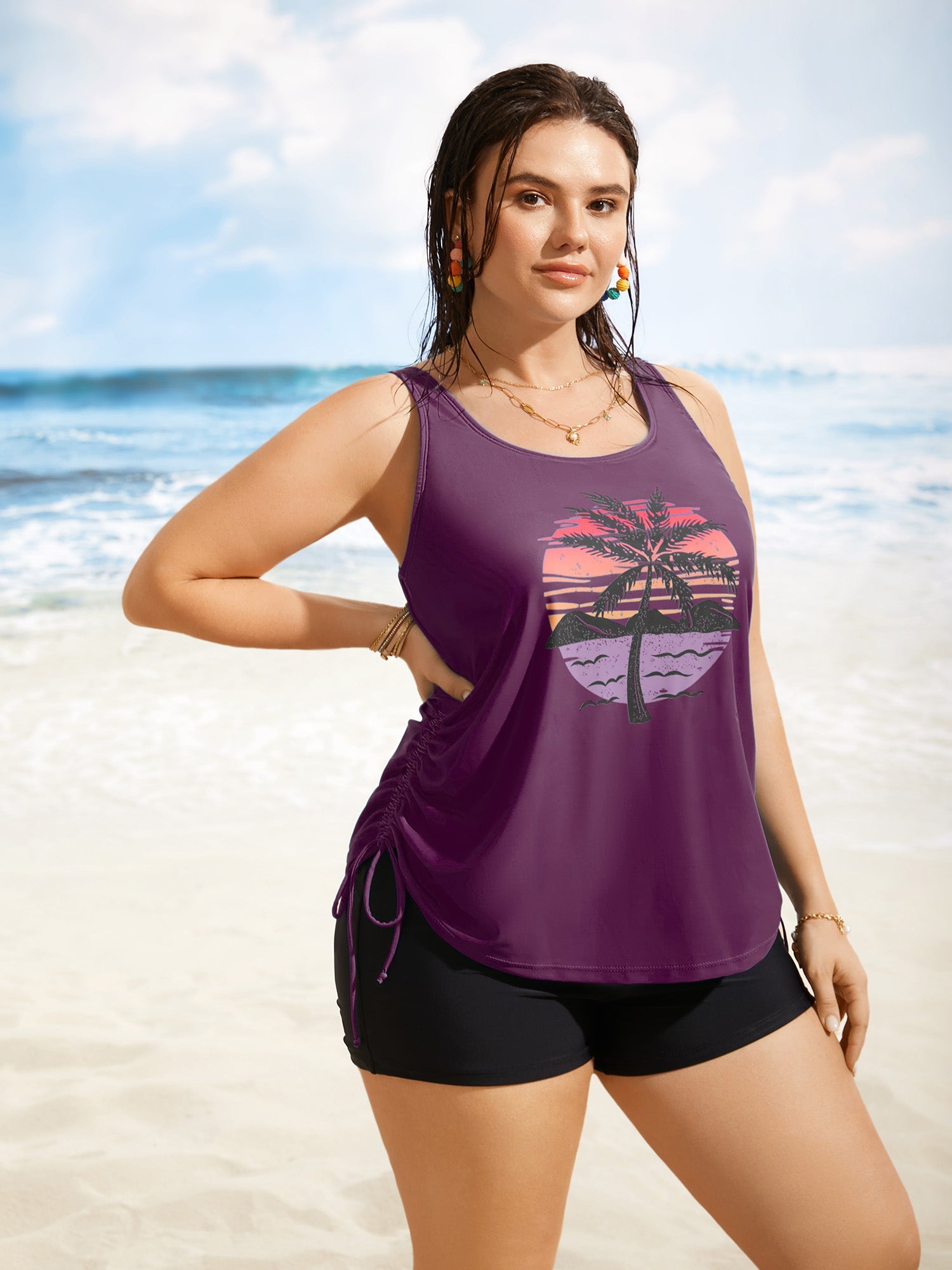 Plus Size Tropical Drawstring Swim Top