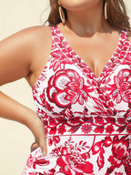 Plus Size Floral Swimsuit & Mesh Sarong Set