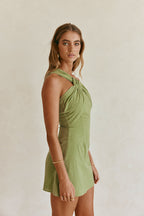 One-Shoulder Cotton Mini Dress — Green