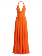 Pleated Satin Halter Maxi Dress