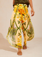 Hawaii Palm Satin Wrap Wide-Leg Pants in Golden Yellow by Aurelia Sun