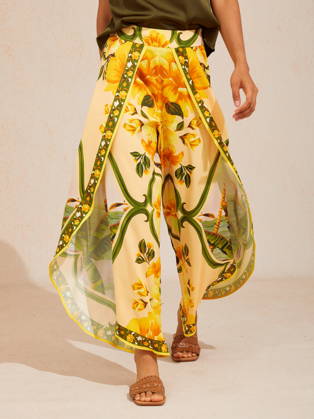 Hawaii Palm Satin Wrap Wide-Leg Pants in Golden Yellow by Aurelia Sun
