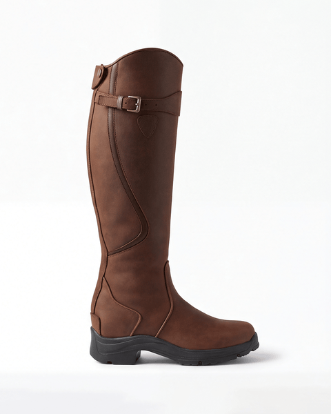 Knee High Buckle Lug Sole Boots in Brown