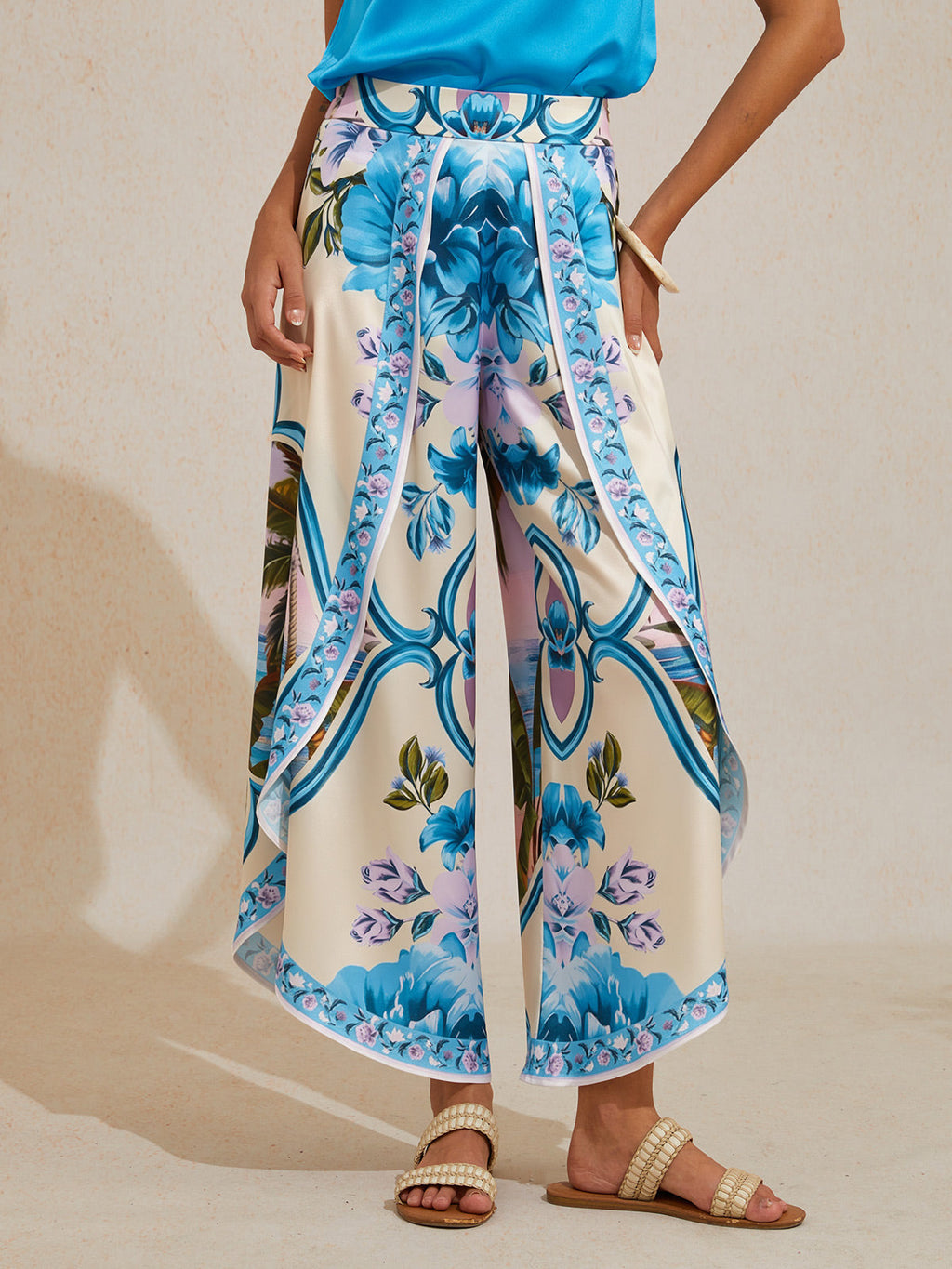 Hawaii Palm Satin Wrap Wide-Leg Pants in Peacock Blue by Aurelia Sun