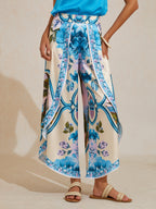 Hawaii Palm Satin Wrap Wide-Leg Pants in Peacock Blue by Aurelia Sun