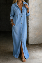 Delana Button-Down Midi Dress – Blue