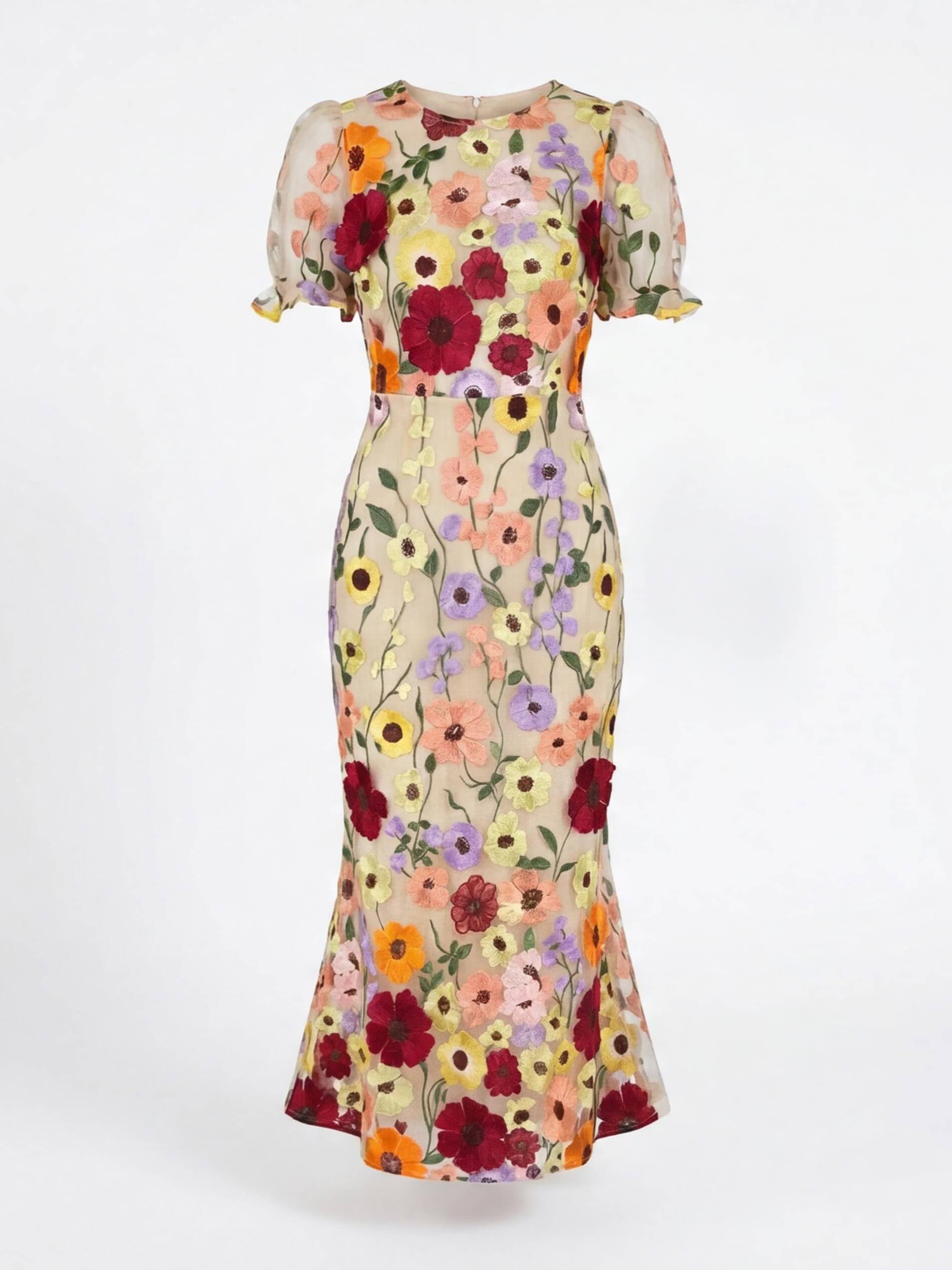 3D Floral Appliqué Midi Dress
