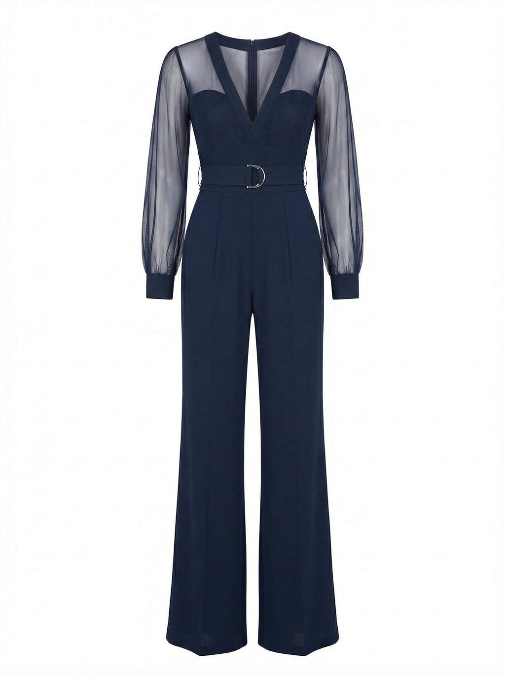 Navy Sheer-Sleeve Wide-Leg Jumpsuit