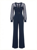 Navy Sheer-Sleeve Wide-Leg Jumpsuit