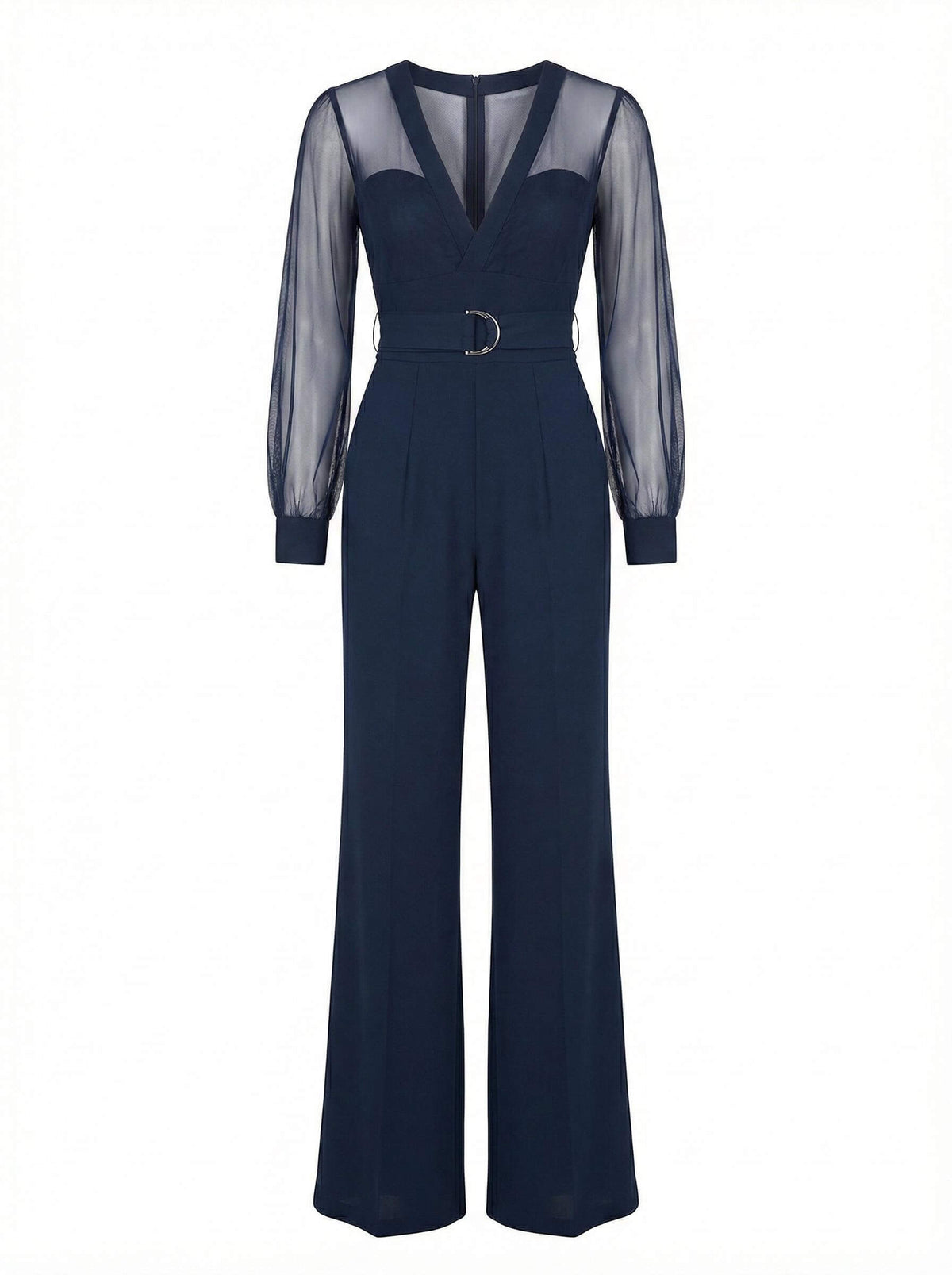 Navy Sheer-Sleeve Wide-Leg Jumpsuit