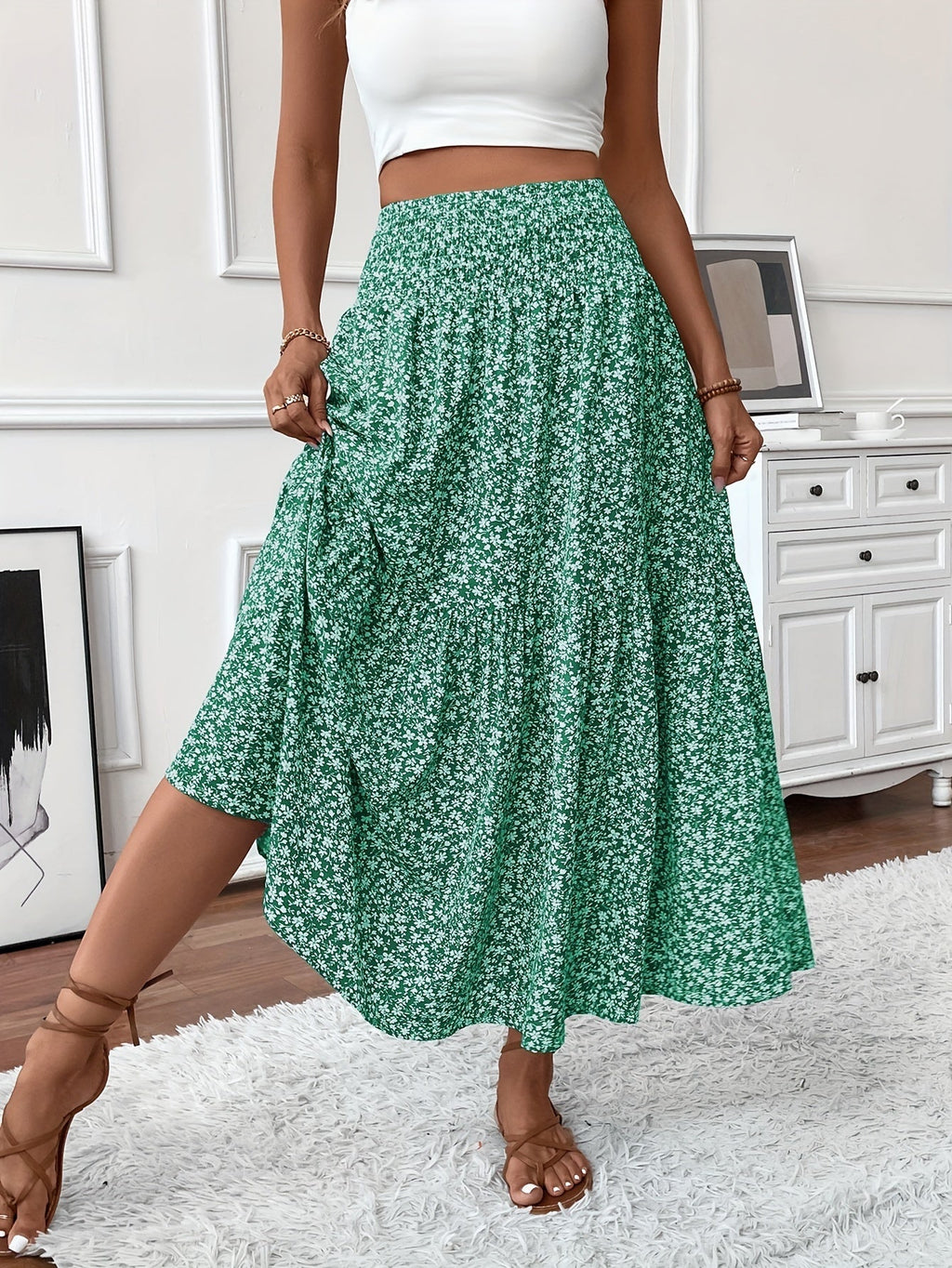 Elena Ditsy Floral Midi Skirt – Black