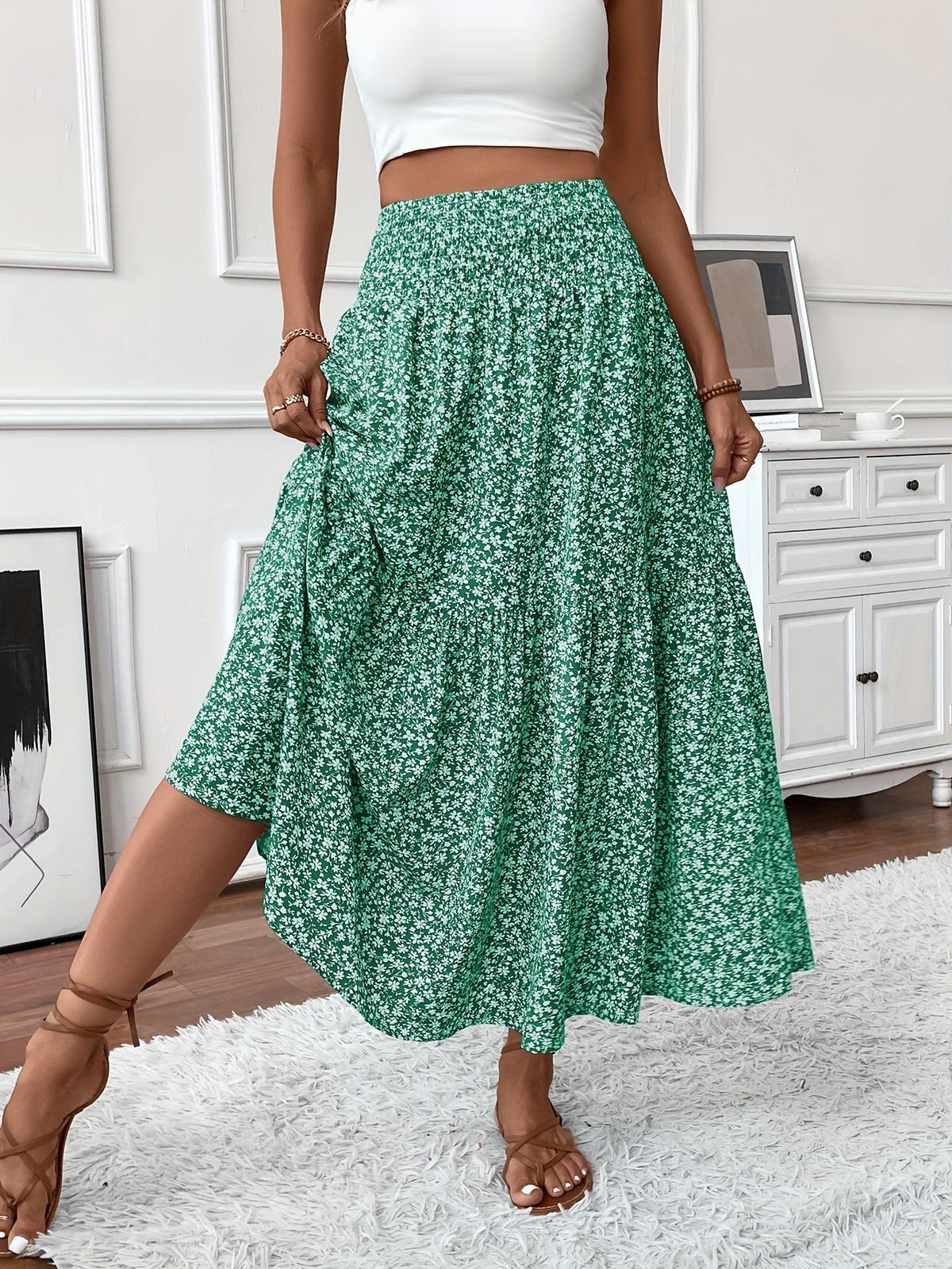 Elena Ditsy Floral Midi Skirt – Black