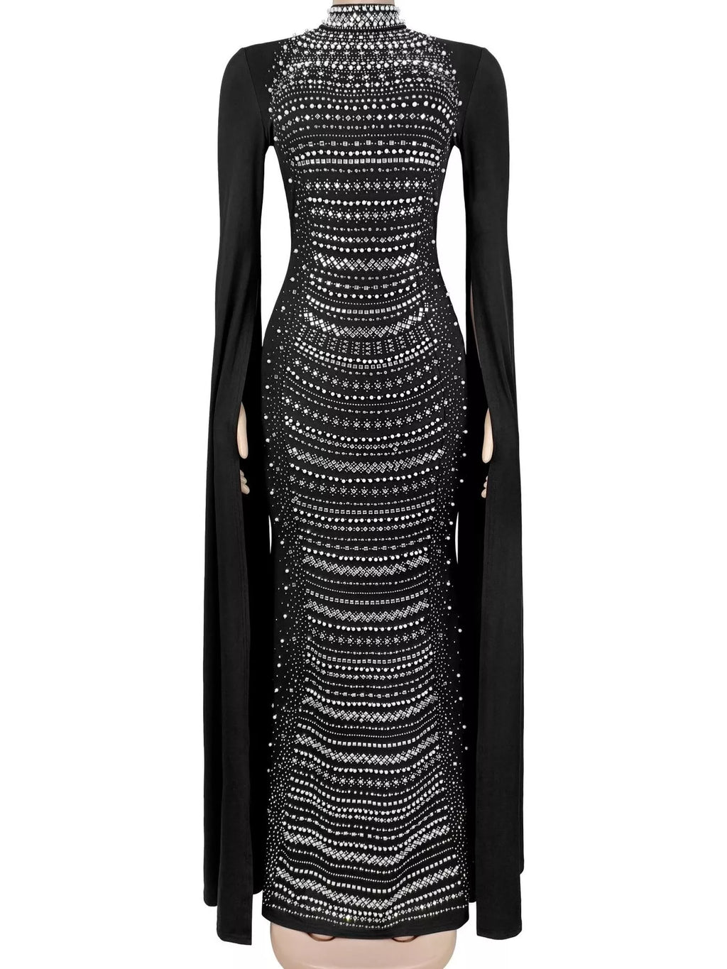 Women's Rhinestone Cape Maxi Dress – Black