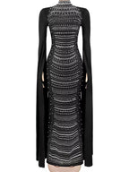 Women's Rhinestone Cape Maxi Dress – Black