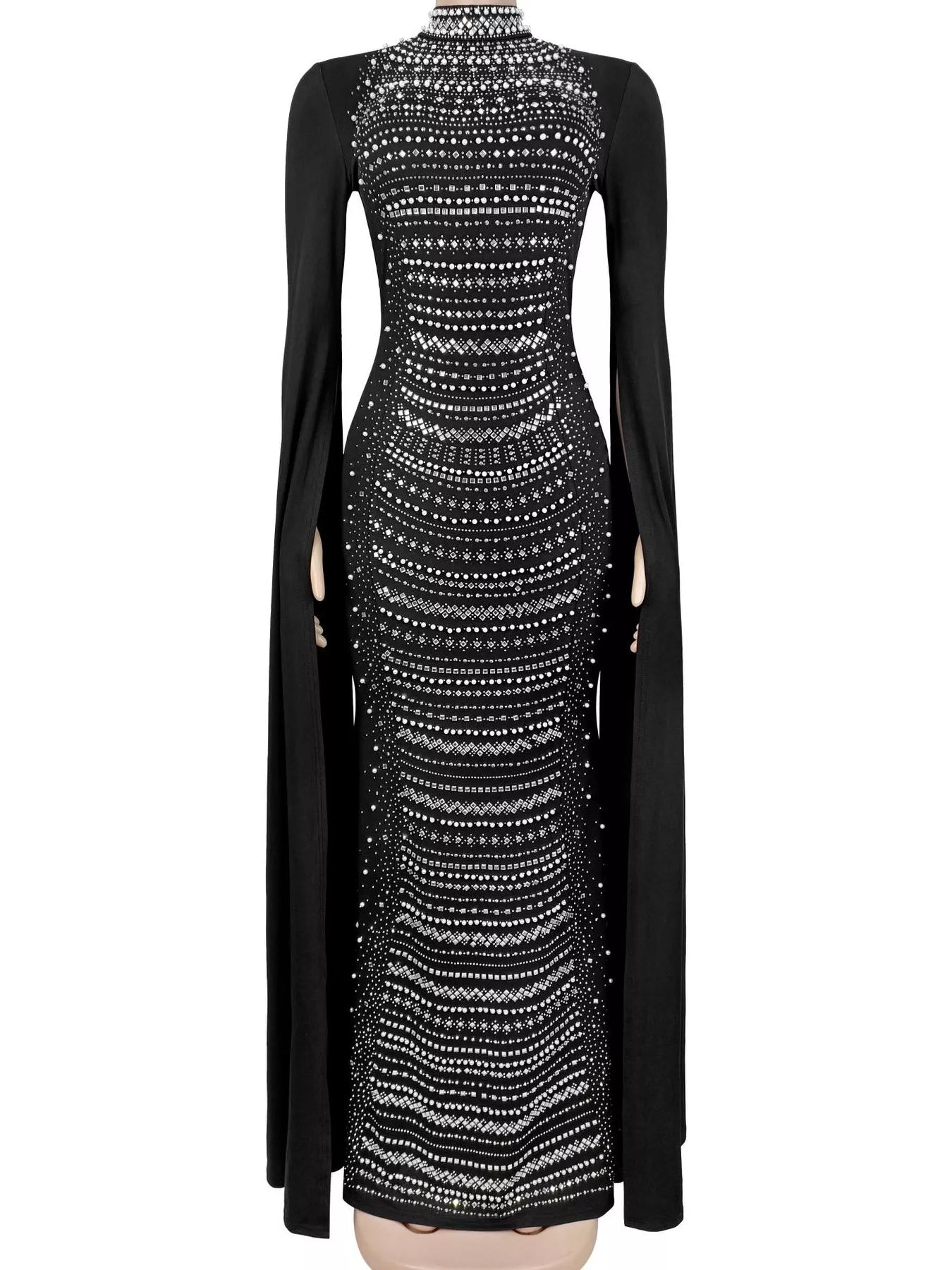 Women's Rhinestone Cape Maxi Dress – Black