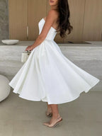 Women's Strapless Ruched Midi Dress – White