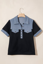 Women's Waffle Knit Patchwork Polo Top – Black