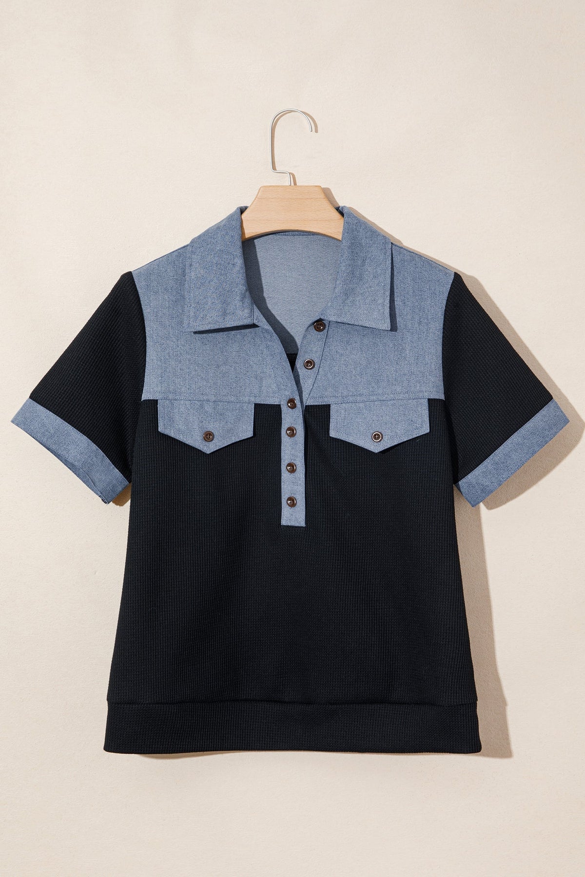 Women's Waffle Knit Patchwork Polo Top – Black
