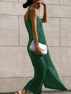 Women's Cotton Linen Side-Slit Midi Dress – Green
