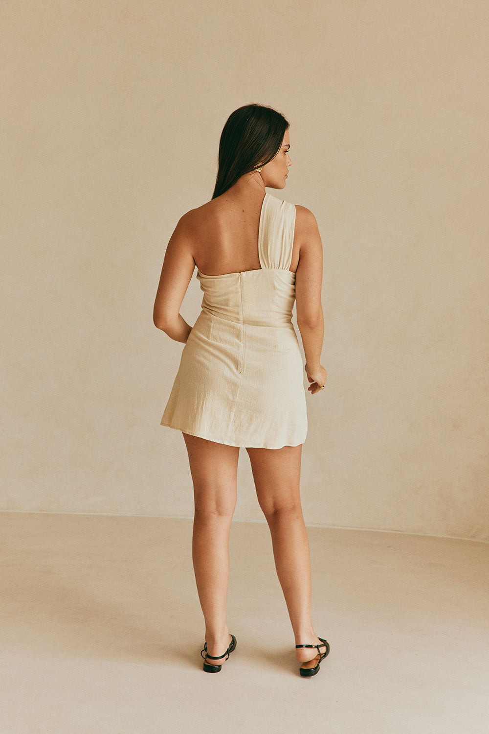 One-Shoulder Cotton Mini Dress — Beige