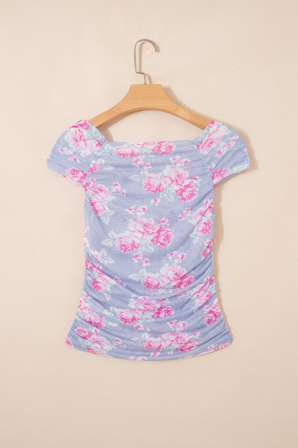 Women's Floral Mesh Ruched Top – Light Blue