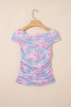 Women's Floral Mesh Ruched Top – Light Blue