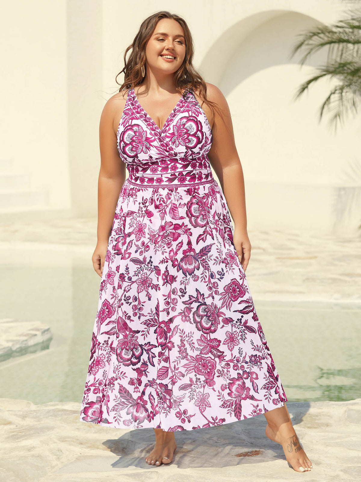 Plus Size Floral Swimsuit & Mesh Sarong Set