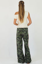 Women's green camouflage wide leg jeans with white stripe and red hearts