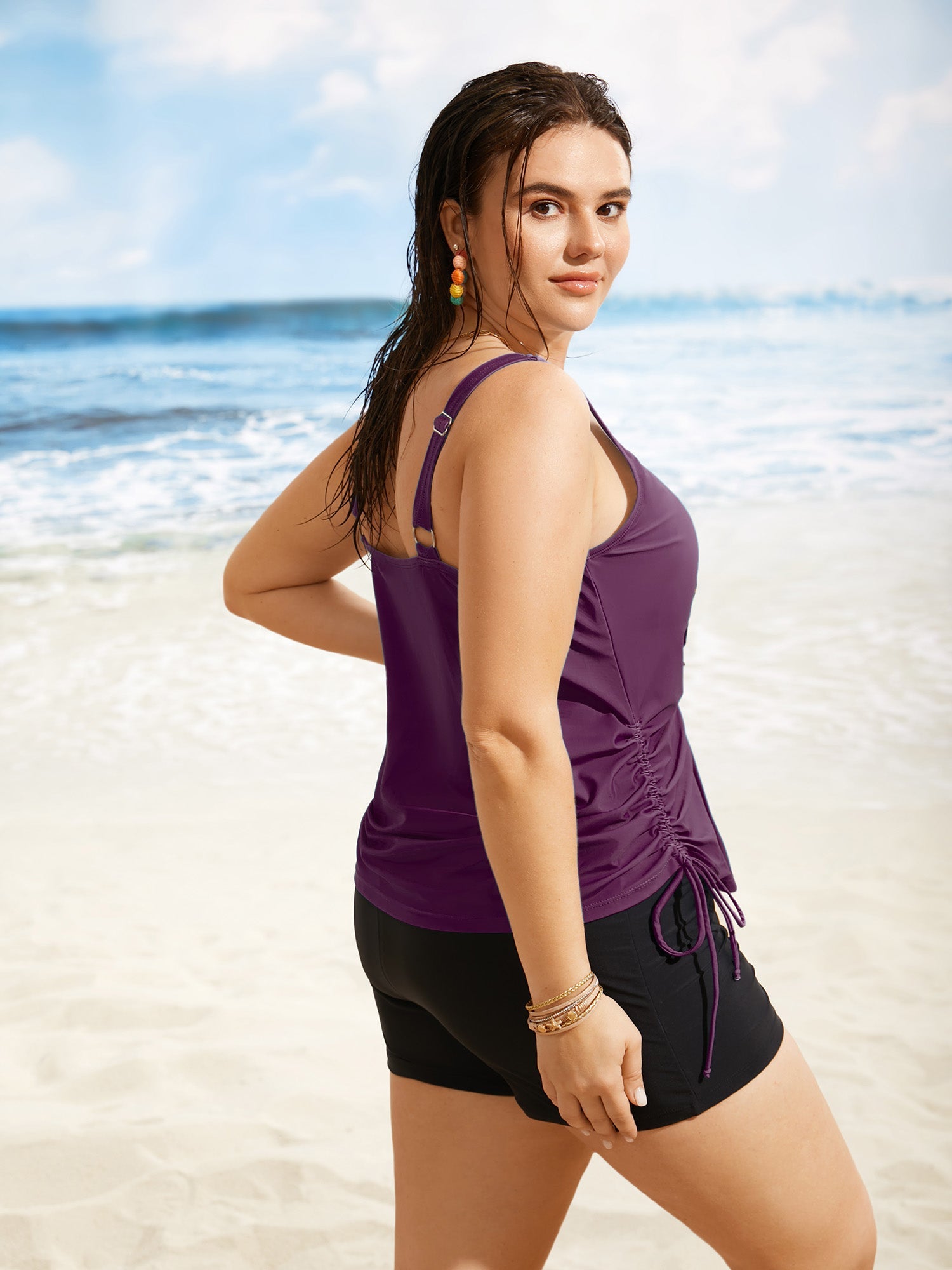 Plus Size Tropical Drawstring Swim Top