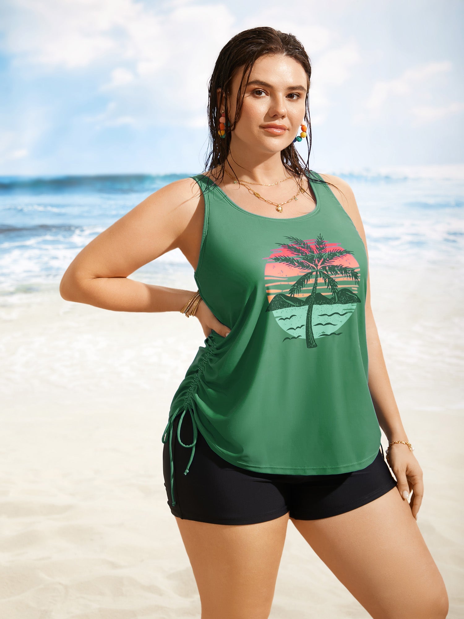 Plus Size Tropical Drawstring Swim Top
