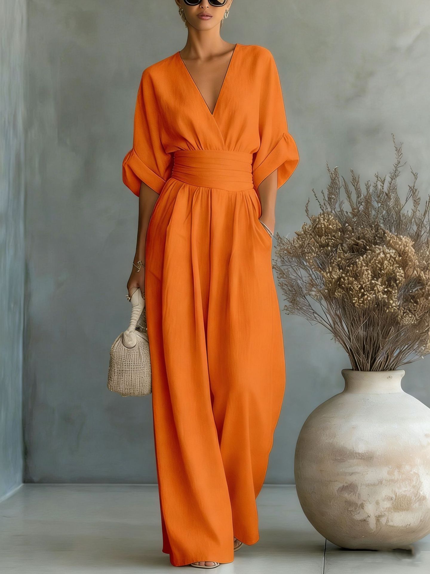 Women's V-Neck Wide-Leg Jumpsuit – Yellow