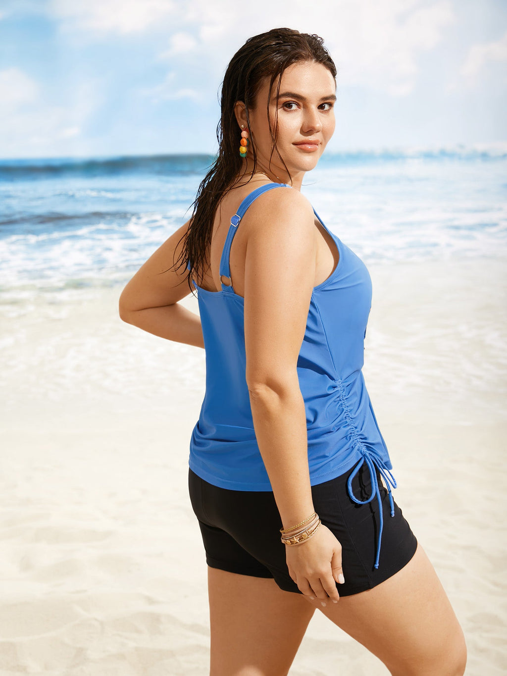 Plus Size Tropical Drawstring Swim Top