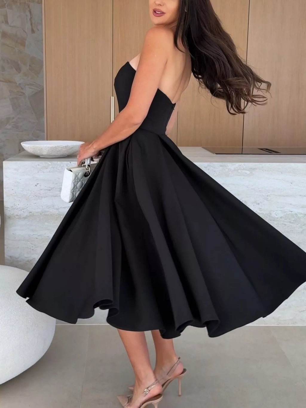 Women's Strapless Ruched Midi Dress – Black