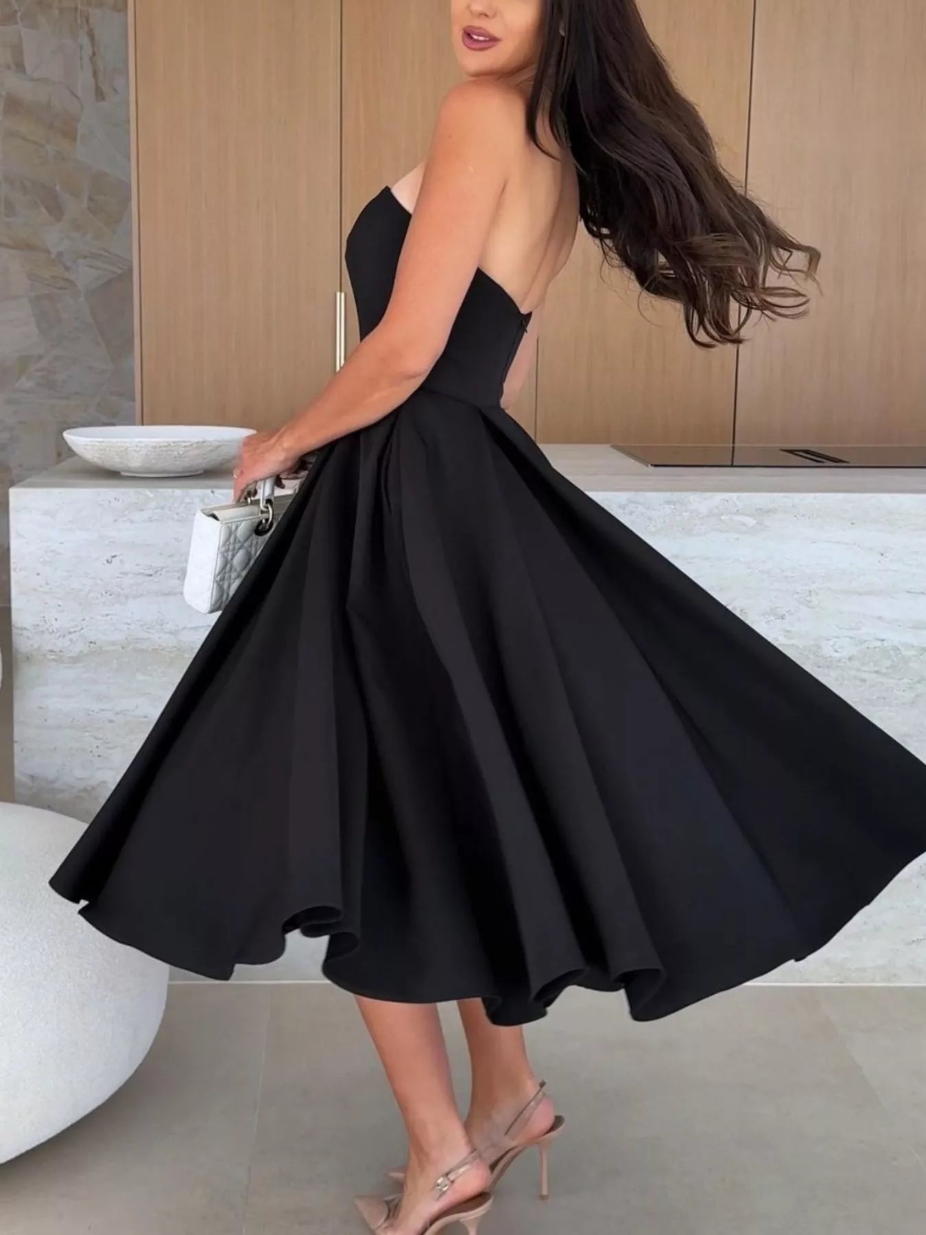 Women's Strapless Ruched Midi Dress – Black