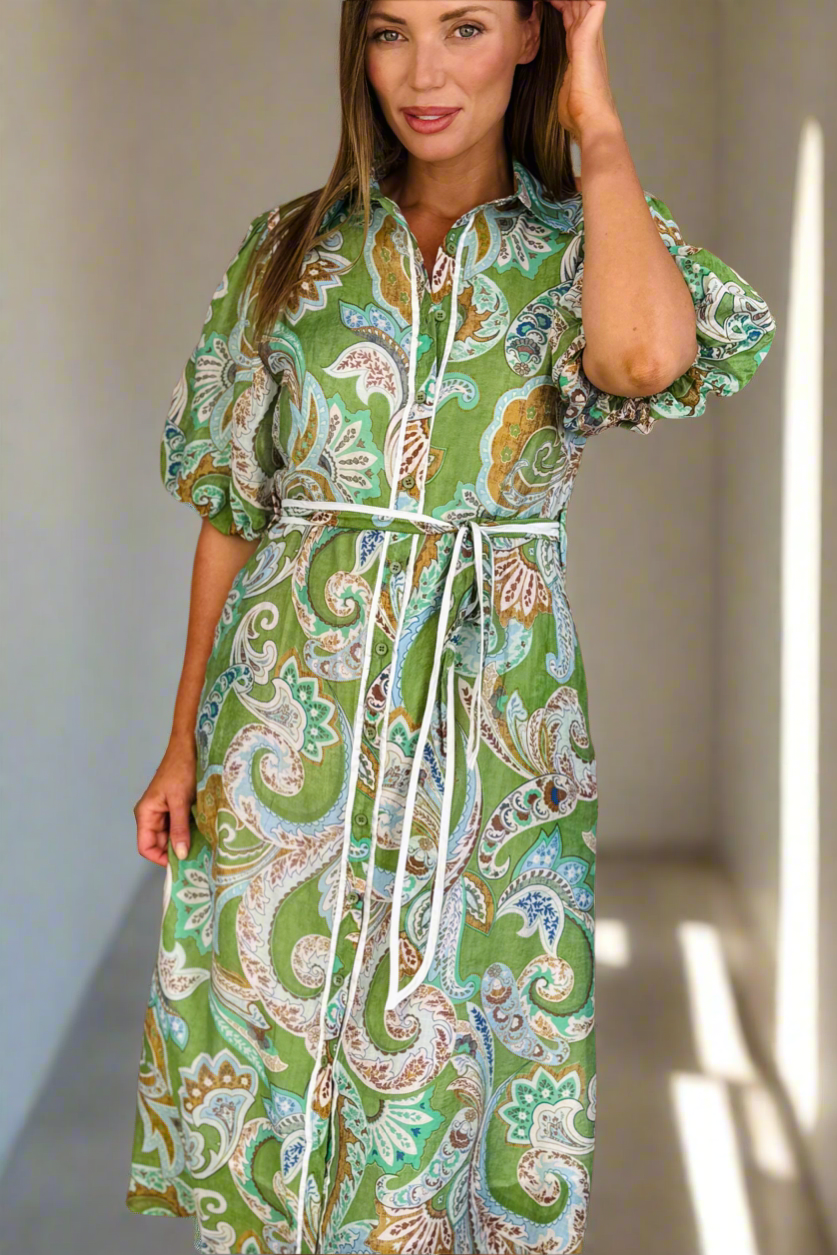 Leah Paisley Midi Shirt Dress – Green by Aurelia Sun