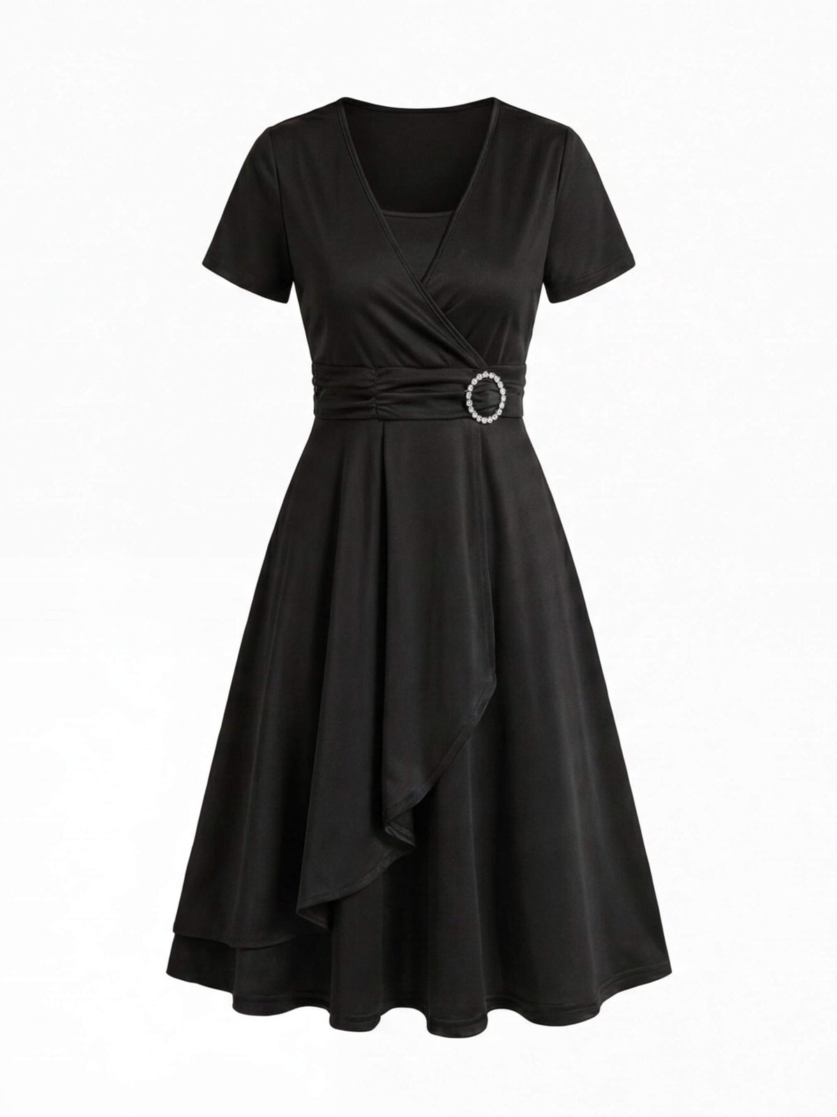 Rhinestone-Waist Asymmetric Midi Dress