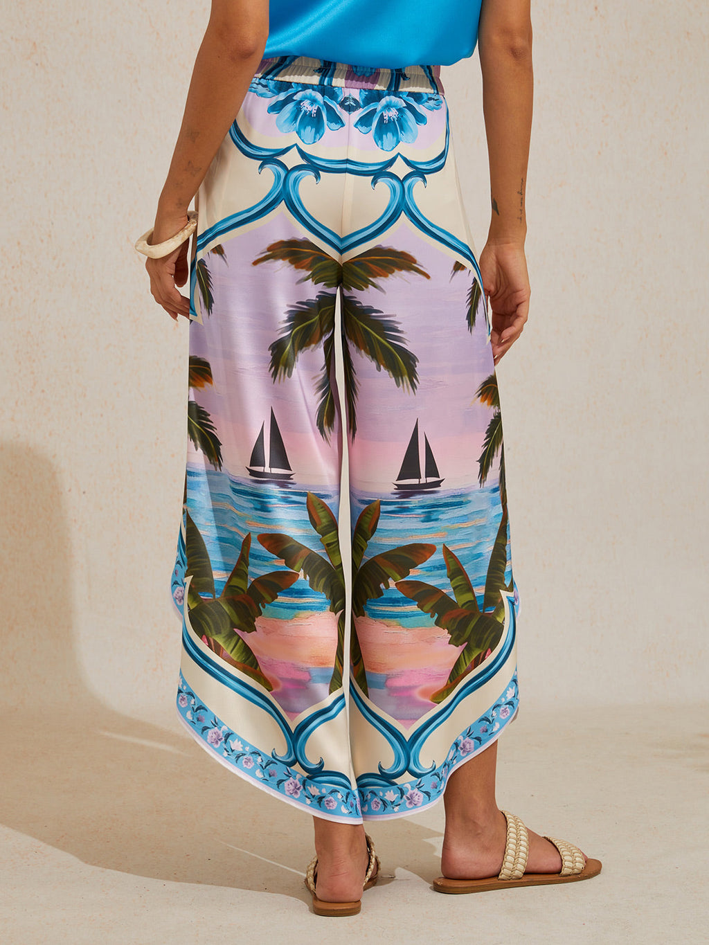 Hawaii Palm Satin Wrap Wide-Leg Pants in Royal Blue by Aurelia Sun