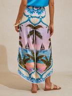 Hawaii Palm Satin Wrap Wide-Leg Pants in Royal Blue by Aurelia Sun