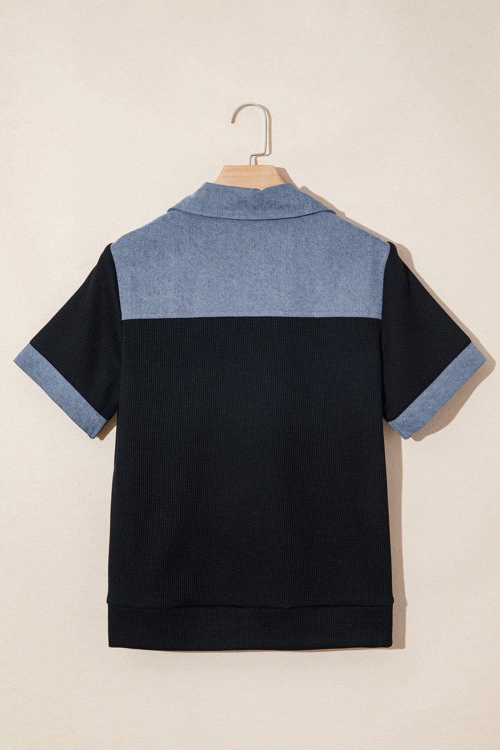Women's Waffle Knit Patchwork Polo Top – Black