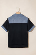 Women's Waffle Knit Patchwork Polo Top – Black