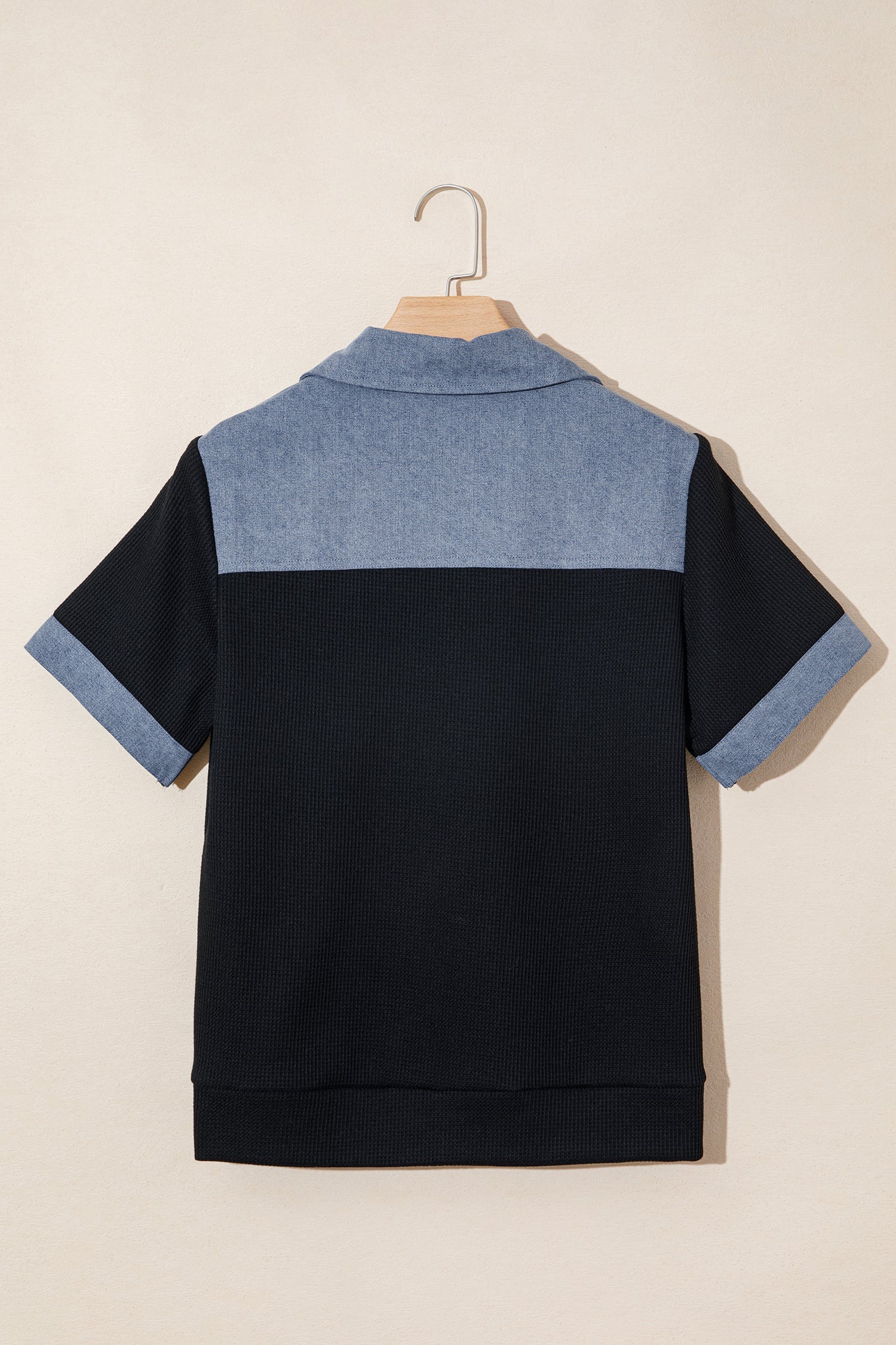 Women's Waffle Knit Patchwork Polo Top – Black