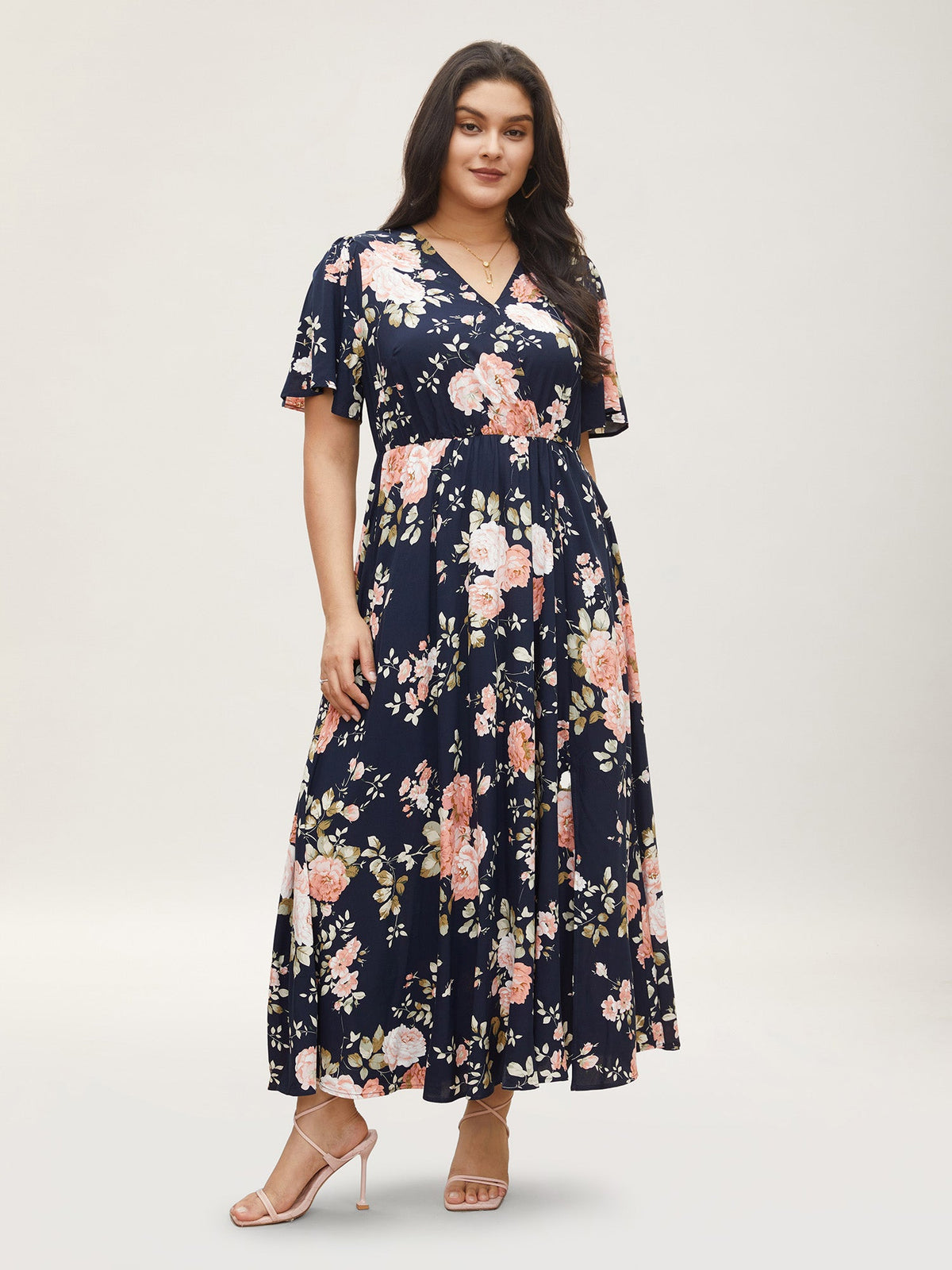 Plus Size Ditsy Floral Flutter-Sleeve Maxi Dress