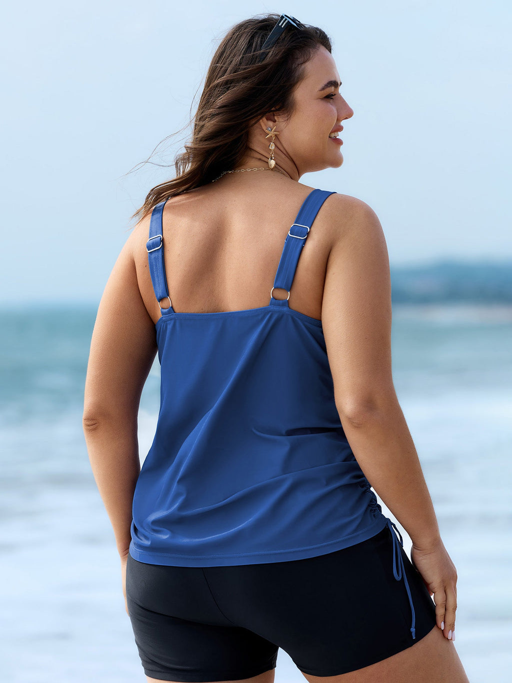 Plus Size Tropical Drawstring Swim Top