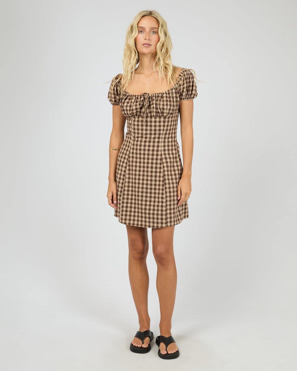 Wynn Gingham Puff-Sleeve Mini Dress – Brown in Brown by Aurelia Sun